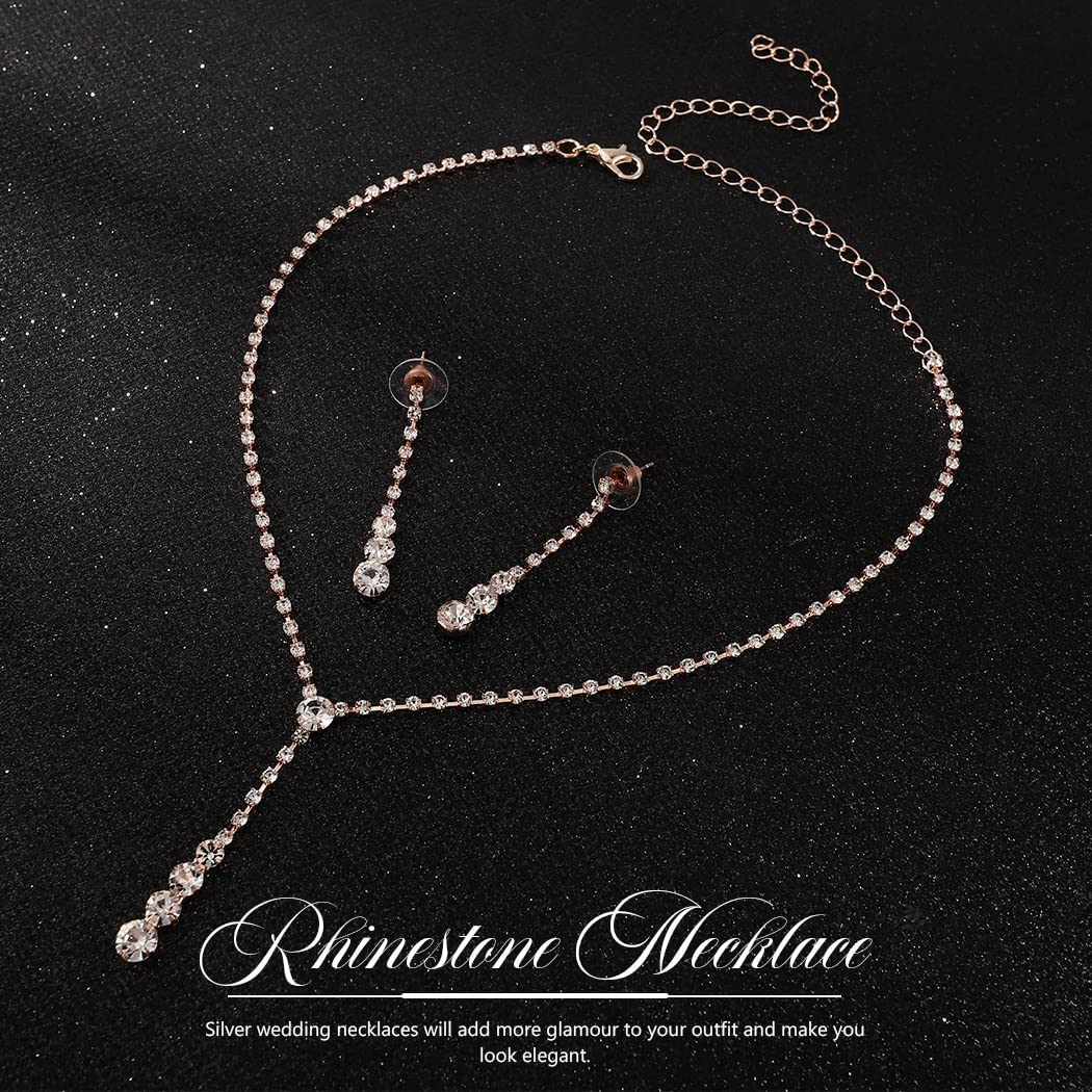 Unicra Bride Silver Bridal Necklace Earrings Set Crystal Wedding Jewelry Set Rhinestone Choker Necklace for Women and Girls (3 piece set - 2 earrings and 1 necklace) - Image 3